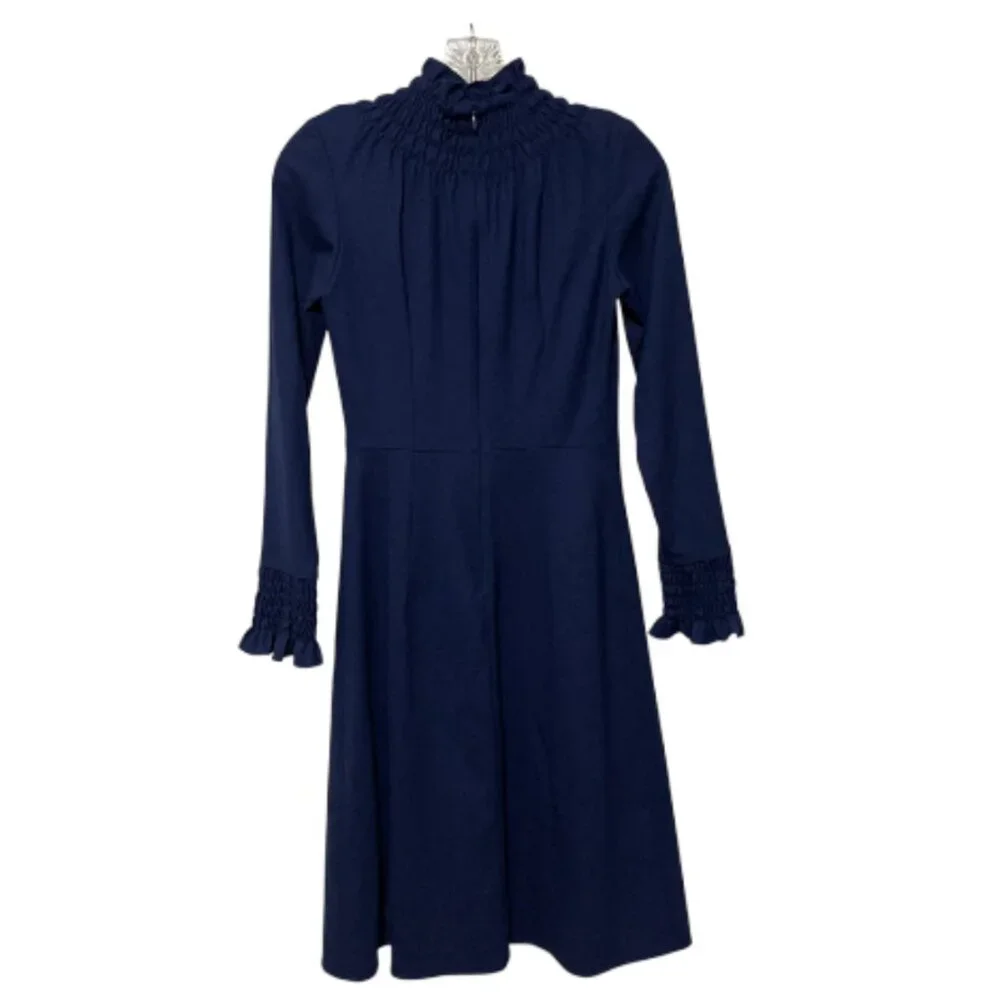 The Fold Size 8 Mock Ruffle Neck Long Sleeve Navy Virgin Wool Dress - Picture 3 of 7